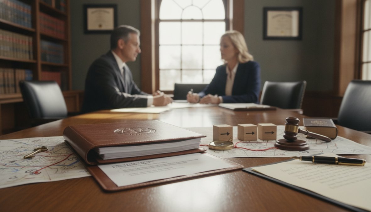 Criminal defense attorney meeting with client in professional law office, reviewing case documents and legal strategy across a wooden desk, natural light from office windows
