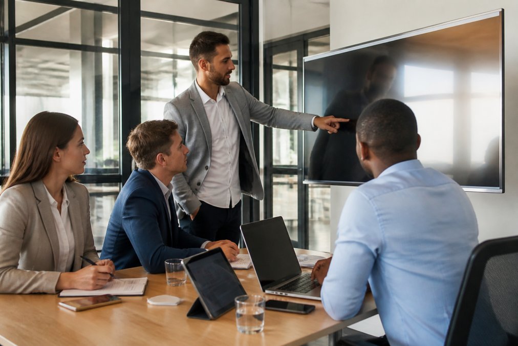 Business team meeting with a digital automation consultant to review workflow diagrams on a large office monitor.