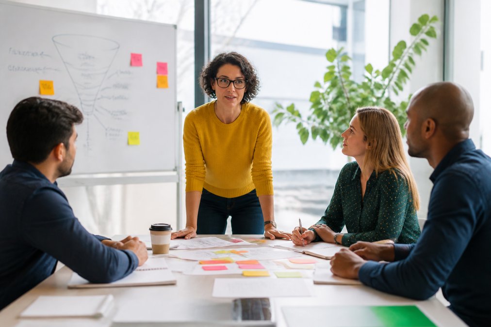 A focused professional woman in her 40s leading a strategy meeting with a small group of startup founders in a bright, modern office, whiteboard with marketing funnels visible in the background