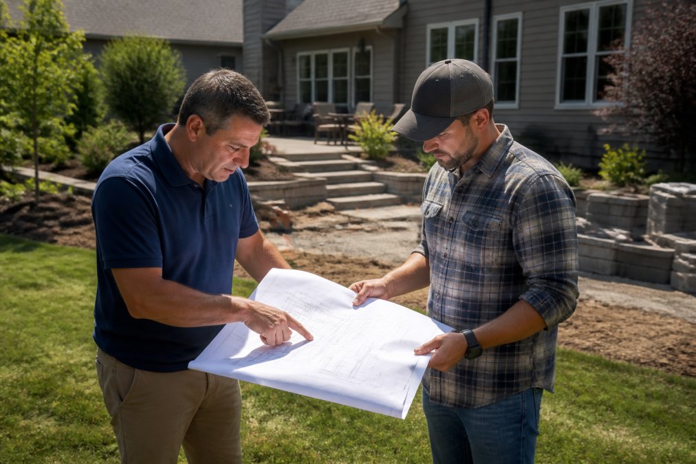 Homeowner and contractor reviewing project plans and blueprints together at a backyard site, both pointing at documents with the property visible in the background
