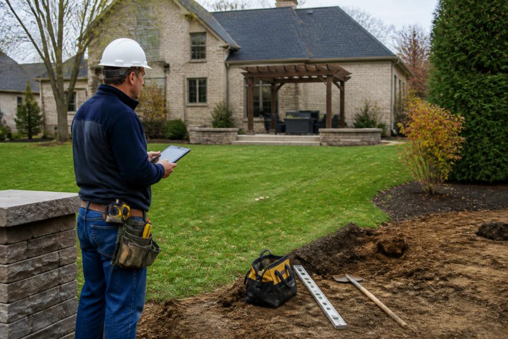 Contractor in work gear standing in a residential backyard, holding a tablet or clipboard, surveying the landscape with measurement tools visible