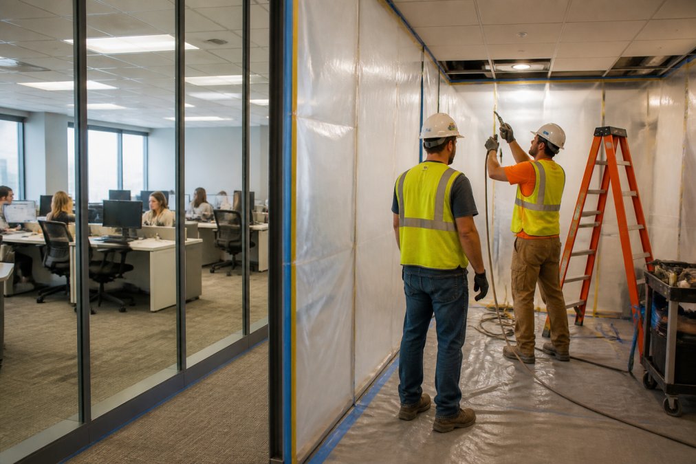 A construction crew in hard hats and safety vests working behind a temporary dust barrier in a partitioned section of a modern office, with employees visible working at desks in the background under bright overhead lighting