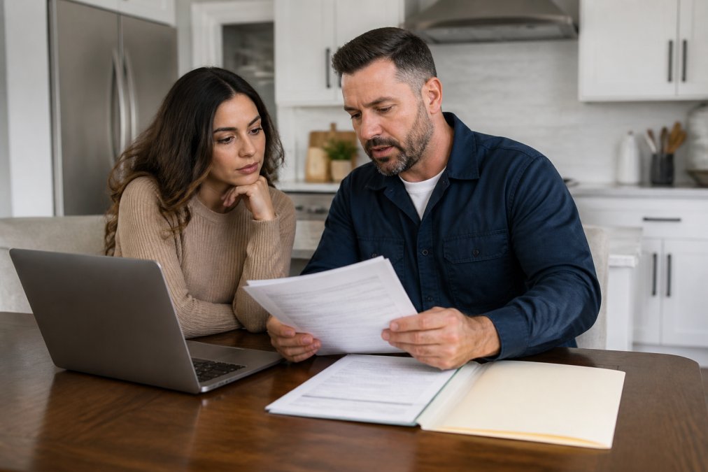 A homeowner and a general contractor reviewing license and insurance documents at a kitchen table, with a laptop open to a state licensing website and a folder of paperwork nearby