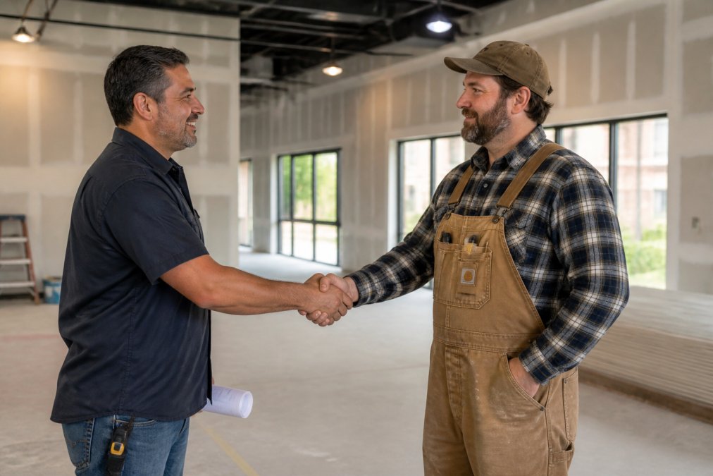 A small business owner in a work shirt shaking hands with a contractor inside an empty retail space with fresh drywall and lighting fixtures