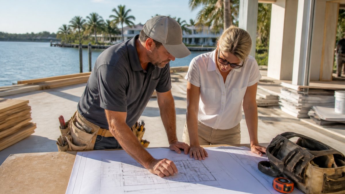 A contractor and homeowner reviewing blueprints on a table at a waterfront property site, water visible in the background, construction materials nearby, bright afternoon light
