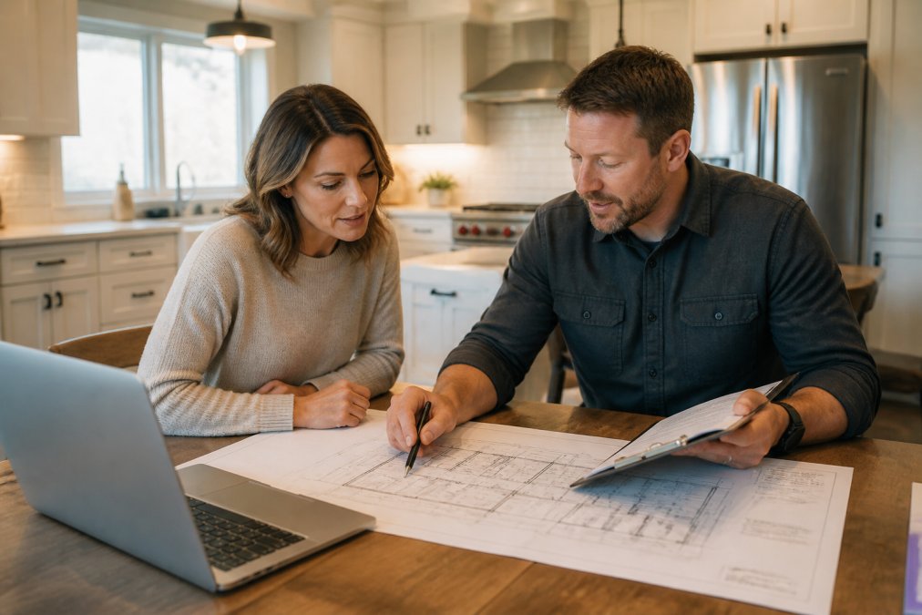 A homeowner and a general contractor reviewing blueprints and a clipboard at a kitchen table, with a laptop showing a project schedule nearby
