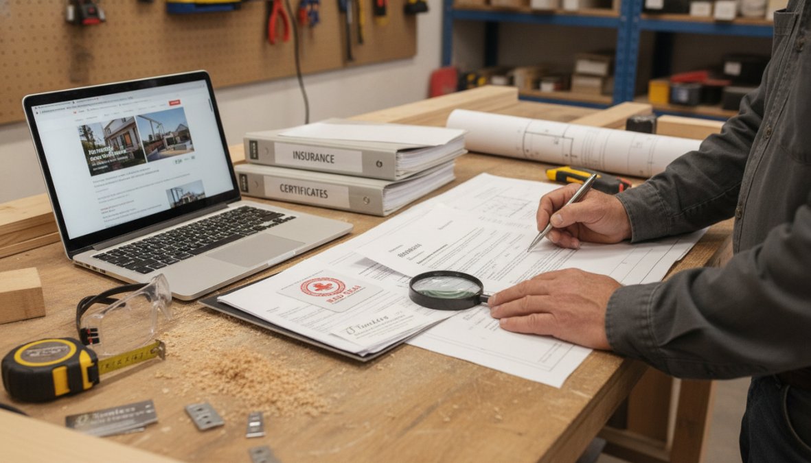 Homeowner reviewing contractor credentials and insurance documents at a desk with a laptop, insurance certificates, and paperwork spread out in natural afternoon light
