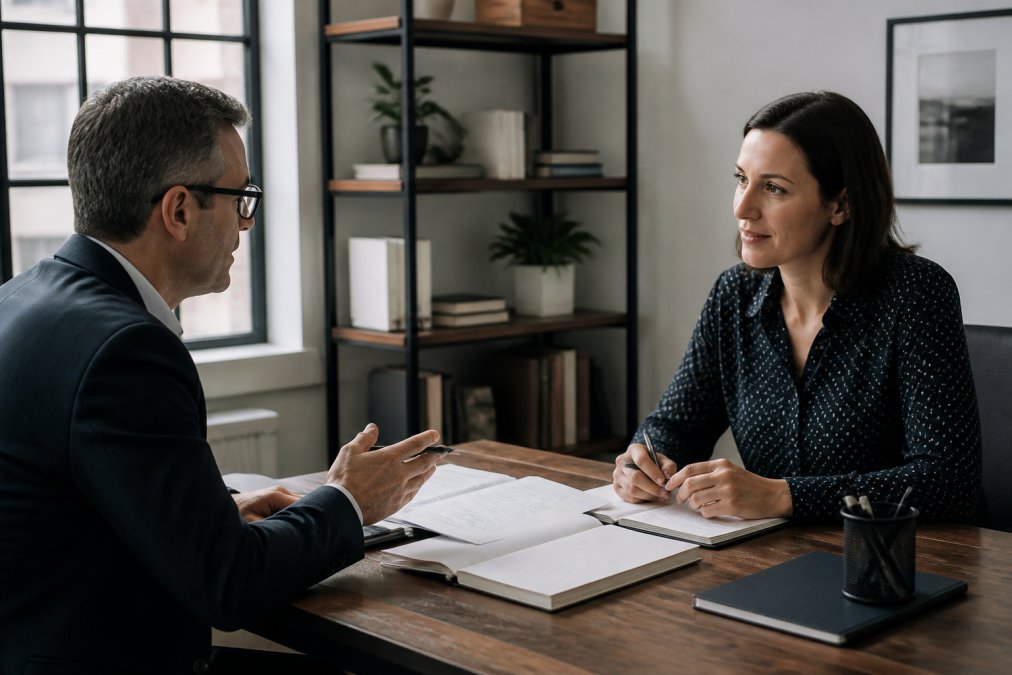 Professional business consultant or executive sitting at a desk during a video call or in-person meeting with a writer, reviewing documents and discussing book project details in a modern office setting with natural lighting