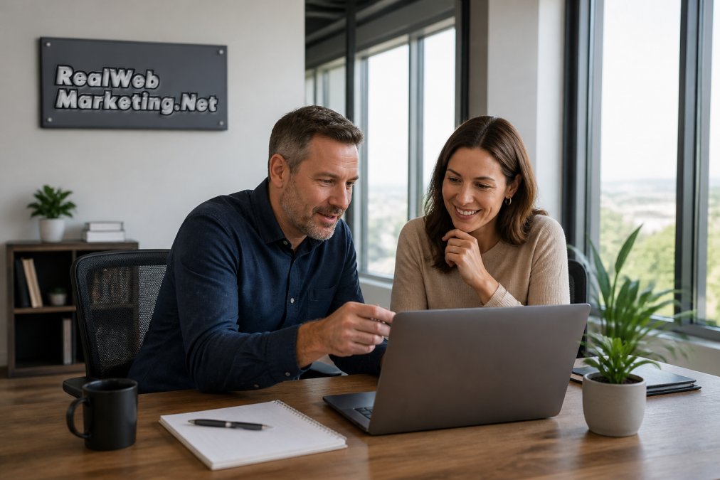 A small business owner and a marketing consultant reviewing campaign analytics together on a laptop in a bright, modern office