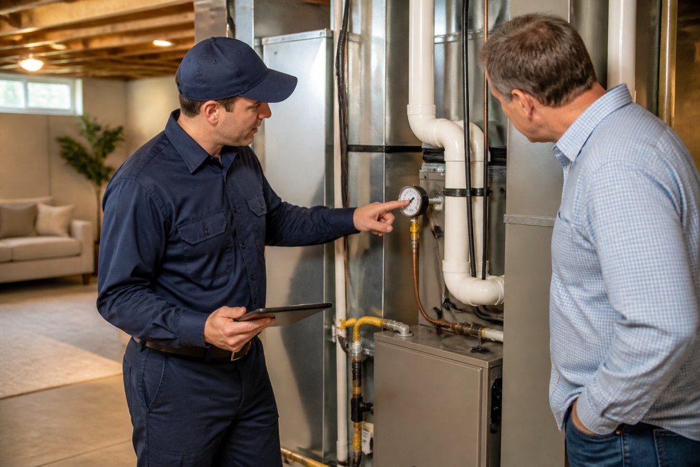 A uniformed home maintenance manager holding a tablet while inspecting an HVAC system in a bright suburban basement, pointing at a pressure gauge as a homeowner watches