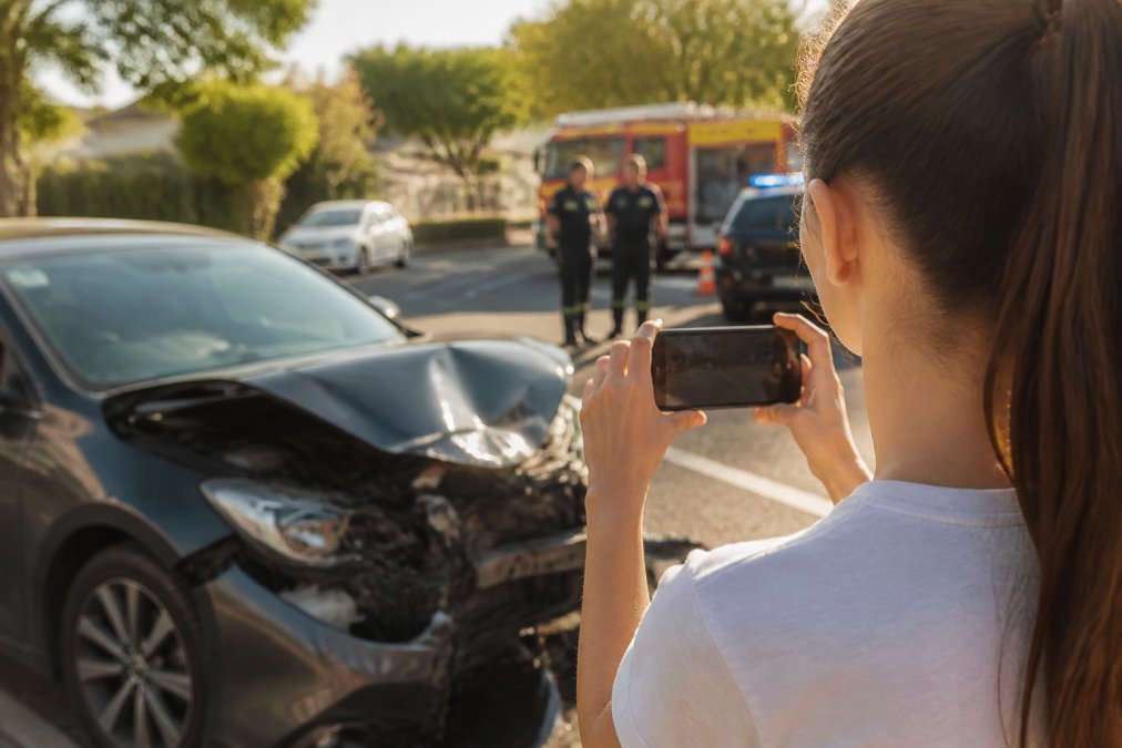 Person at the scene of an accident using smartphone to photograph damaged vehicle and surroundings, with emergency responders visible in the background and afternoon sunlight casting shadows across the scene