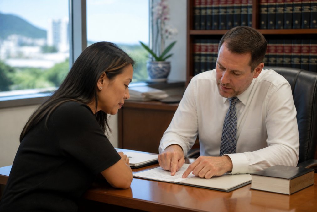 Professional attorney in modern law office meeting with client across wooden desk, reviewing legal documents together with warm natural lighting from windows and shelves of law books visible in background