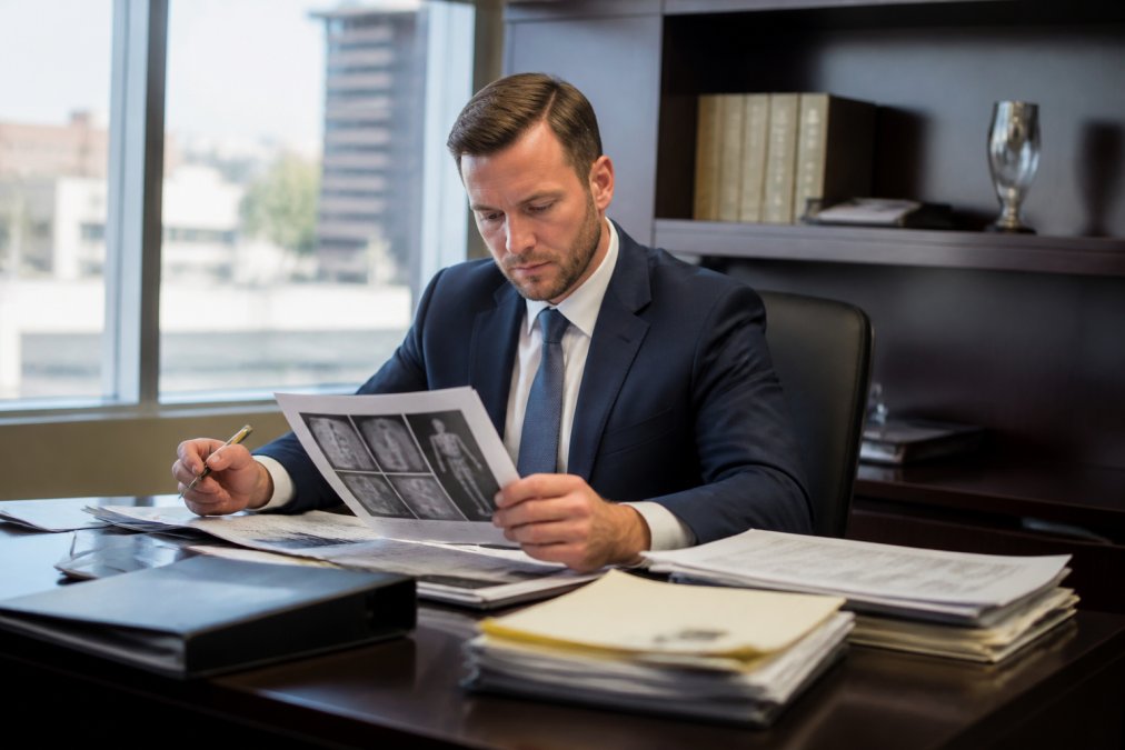 Personal injury attorney in professional attire reviewing medical documents and case files at a desk in a modern law office with soft natural lighting