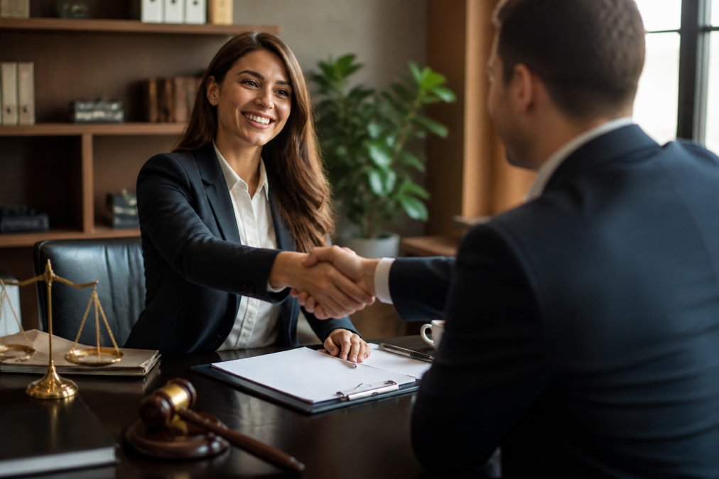 Client and attorney shaking hands during a consultation meeting in a professional office setting with warm lighting and legal documents visible