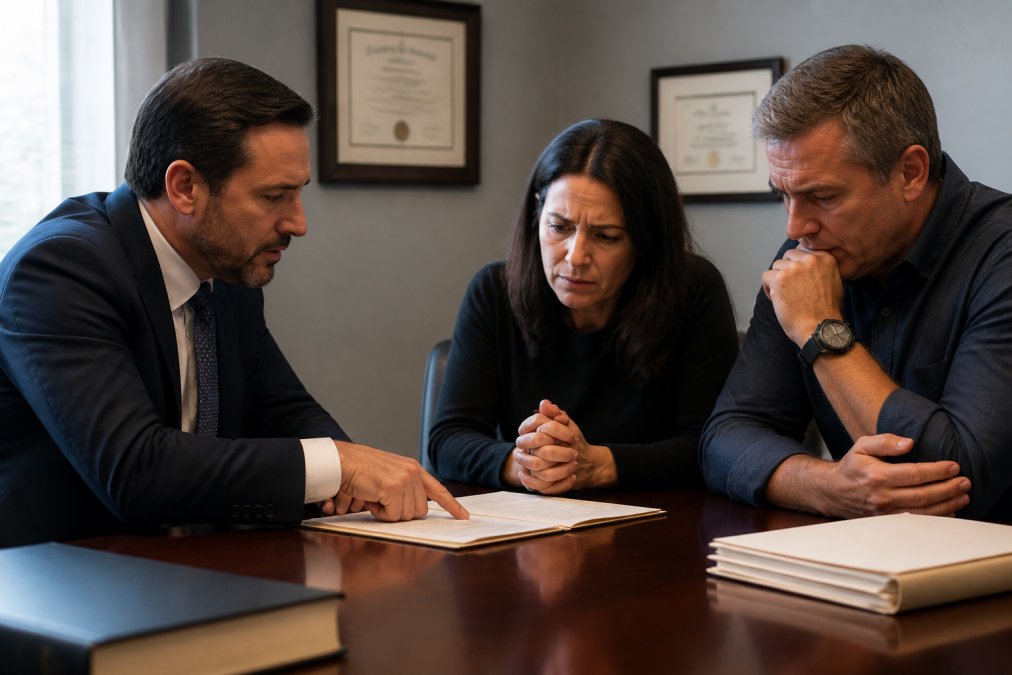 Compassionate attorney in professional attire sitting across from grieving family members at a consultation table, reviewing documents together in a well-lit office with framed certifications on the walls