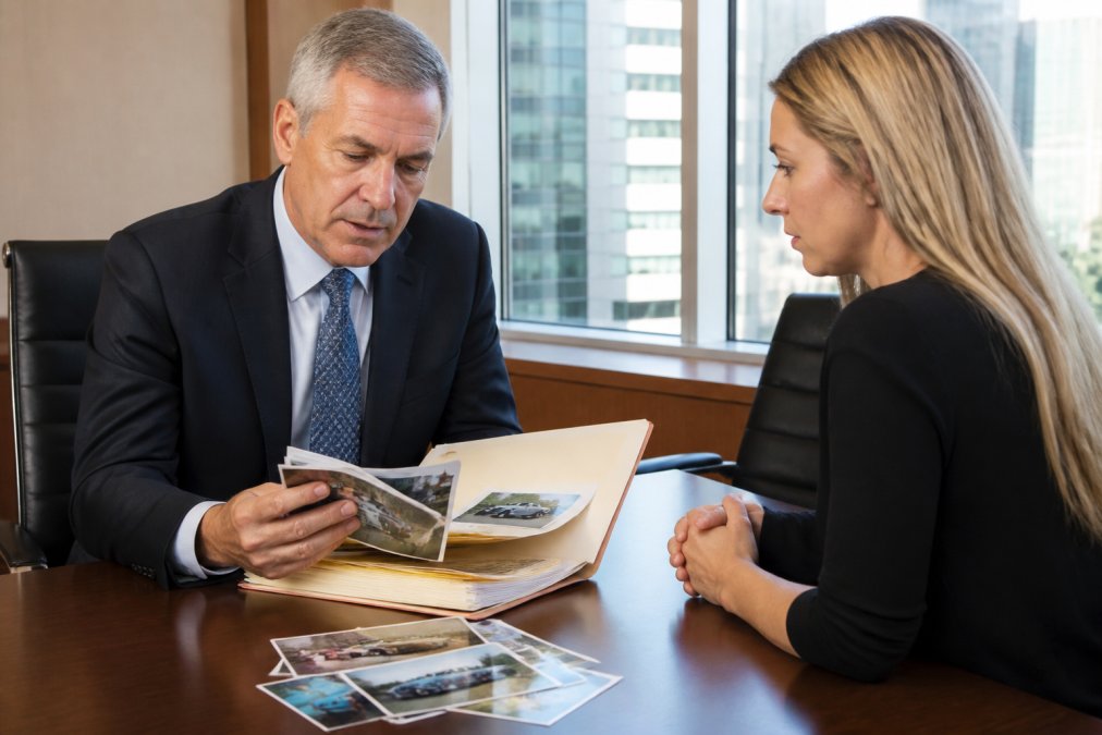 A lawyer reviewing a file folder of medical records and accident photographs with a client across a conference table, natural window light