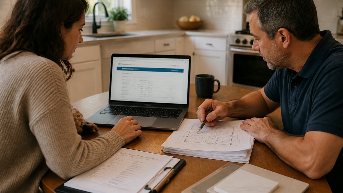 A homeowner and a contractor reviewing documents at a kitchen table, with a laptop showing a licensing website and a clipboard of references nearby