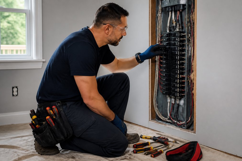 A licensed electrician in safety glasses and work gloves examining an open residential electrical panel with labeled circuit breakers, tools on a drop cloth below, natural window light
