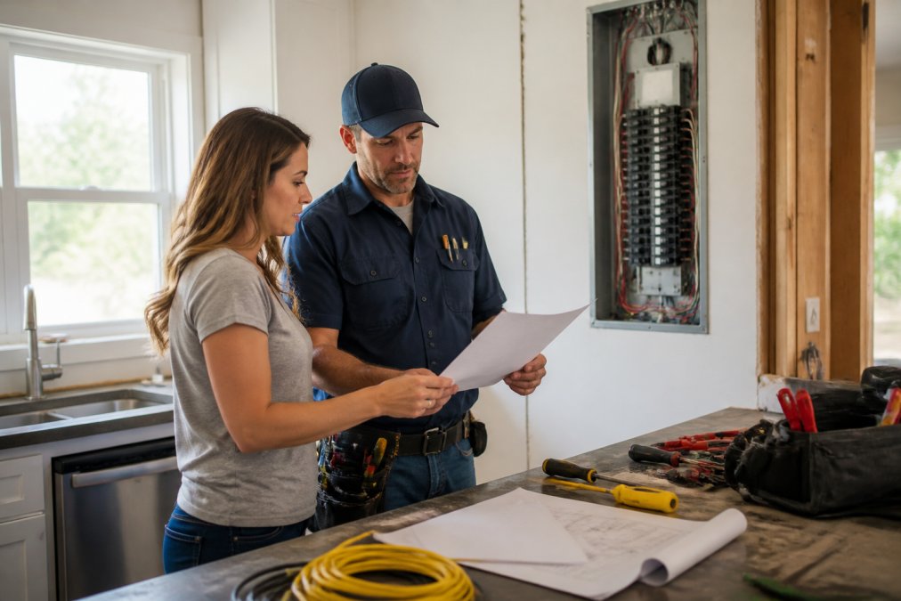 Homeowner and electrician reviewing a checklist while hiring a licensed electrician for a kitchen renovation
