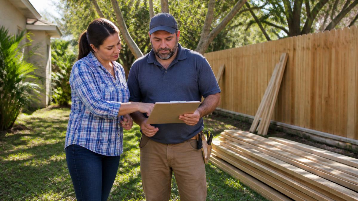 A homeowner and a fence contractor in work clothes reviewing a clipboard with documents in a sunny backyard, with wooden fence materials stacked nearby