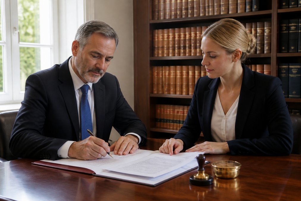 Professional notary and client reviewing and signing official incorporation documents in a formal legal office setting with law books and official seals visible