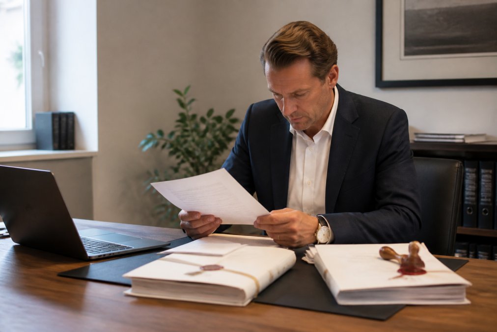 Professional carefully reviewing incorporation documents and legal files at a modern office desk, with laptop and notarized papers visible under warm office lighting