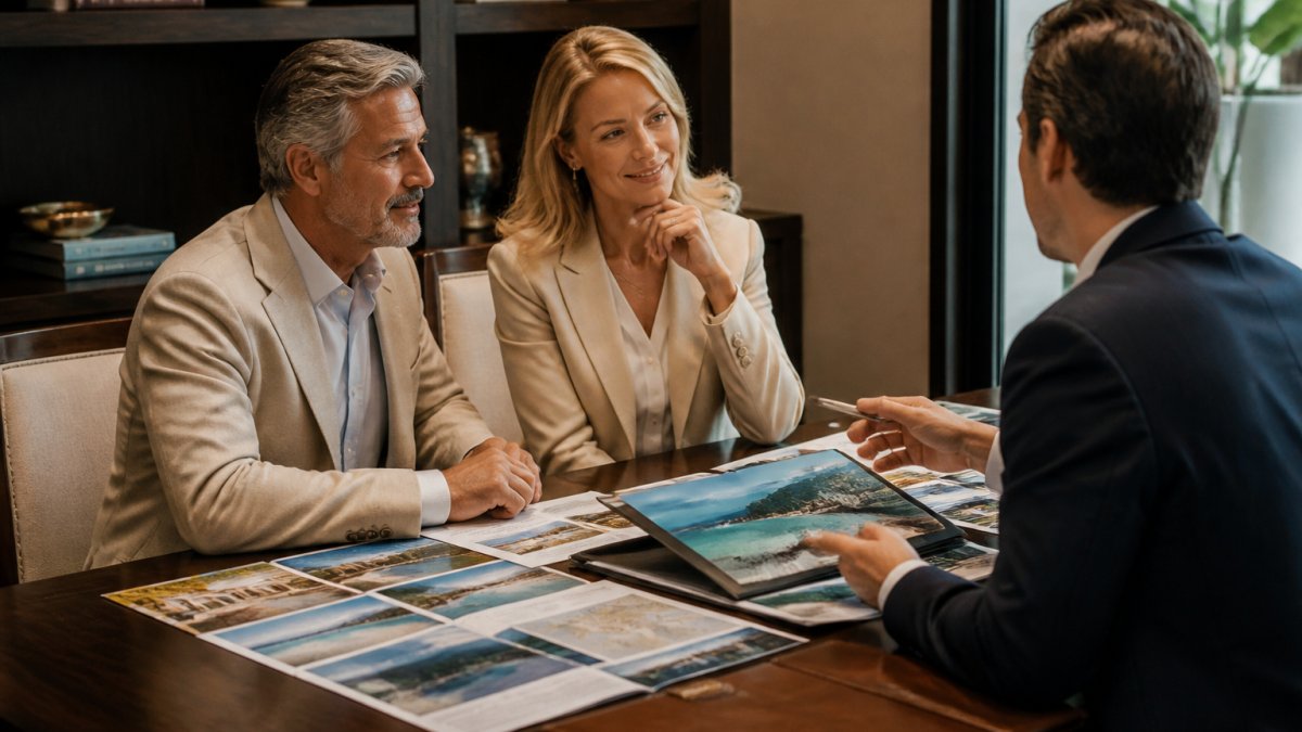 Affluent couple in their 50s meeting with a luxury travel advisor at an upscale office, reviewing a personalized itinerary with destination photos and travel documents on the desk