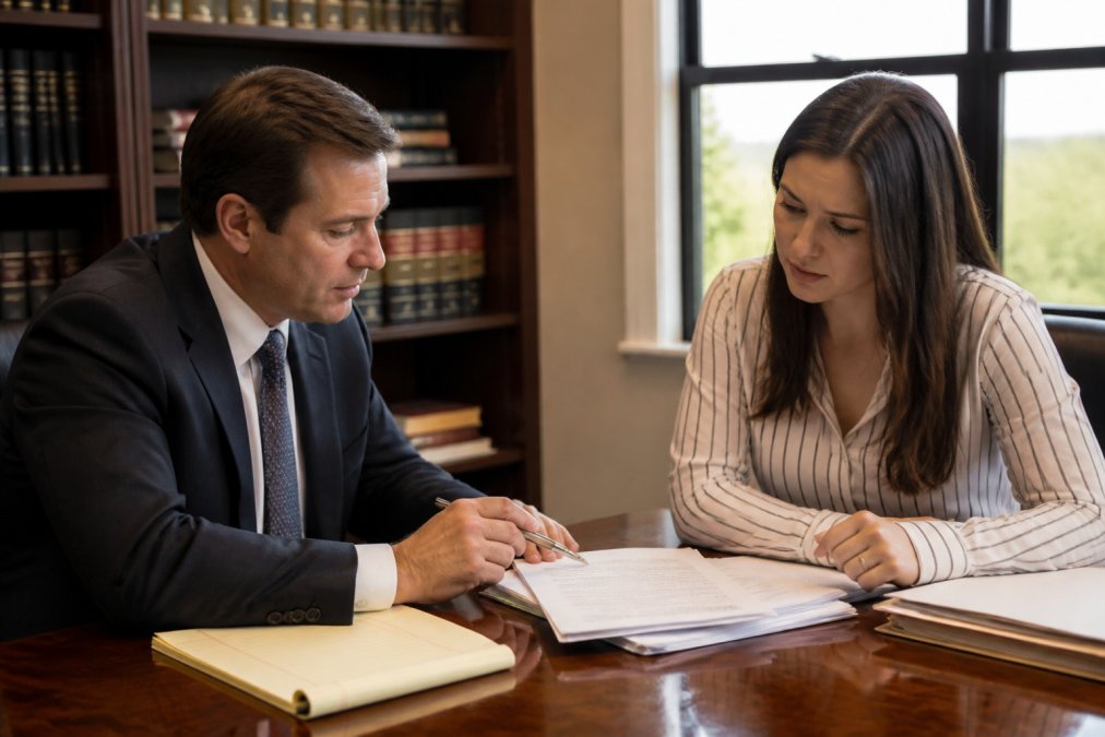 Professional attorney and client sitting at desk in modern office, reviewing case documents together with notepad and pen visible, natural window lighting