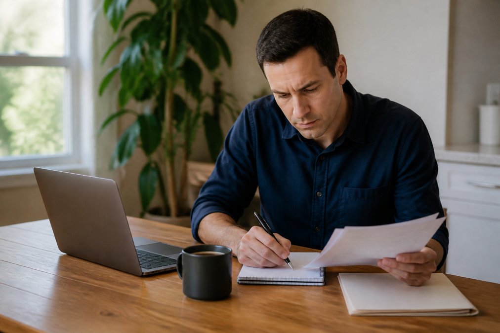 Person at laptop researching attorney information with coffee nearby, focused expression while reviewing documents and taking notes on notepad