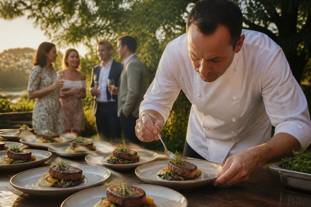 A private chef in professional whites plating a seared main course at an outdoor table in a lush Sydney garden, warm golden-hour light falling across the dishes while guests chat in the soft background