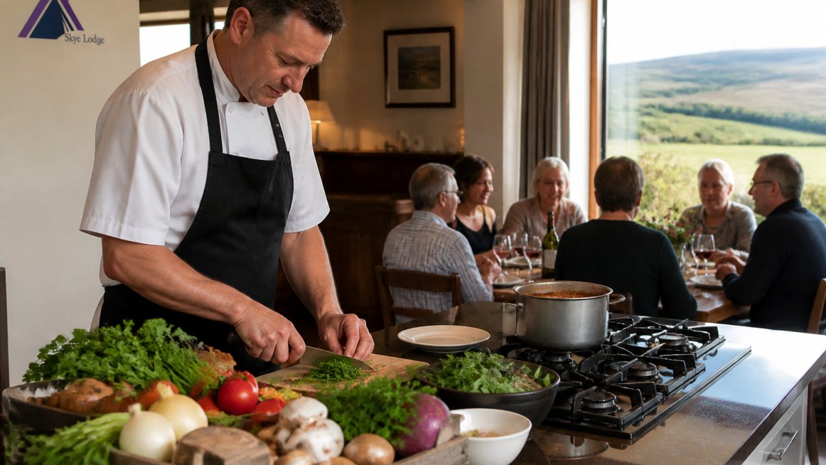 Professional chef preparing fresh, locally sourced ingredients in a well-equipped holiday cottage kitchen, with guests visible in the adjacent dining area enjoying the experience