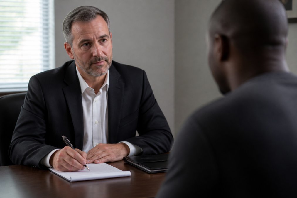 Professional investigator conducting structured witness interview with witness seated across desk in neutral office setting, notepad and pen visible, natural lighting from window