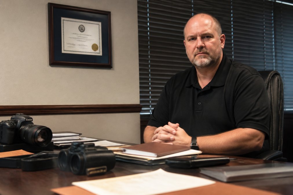 Licensed detective displaying professional credentials and certifications in office environment with wall-mounted license visible, conveying trust and legitimacy