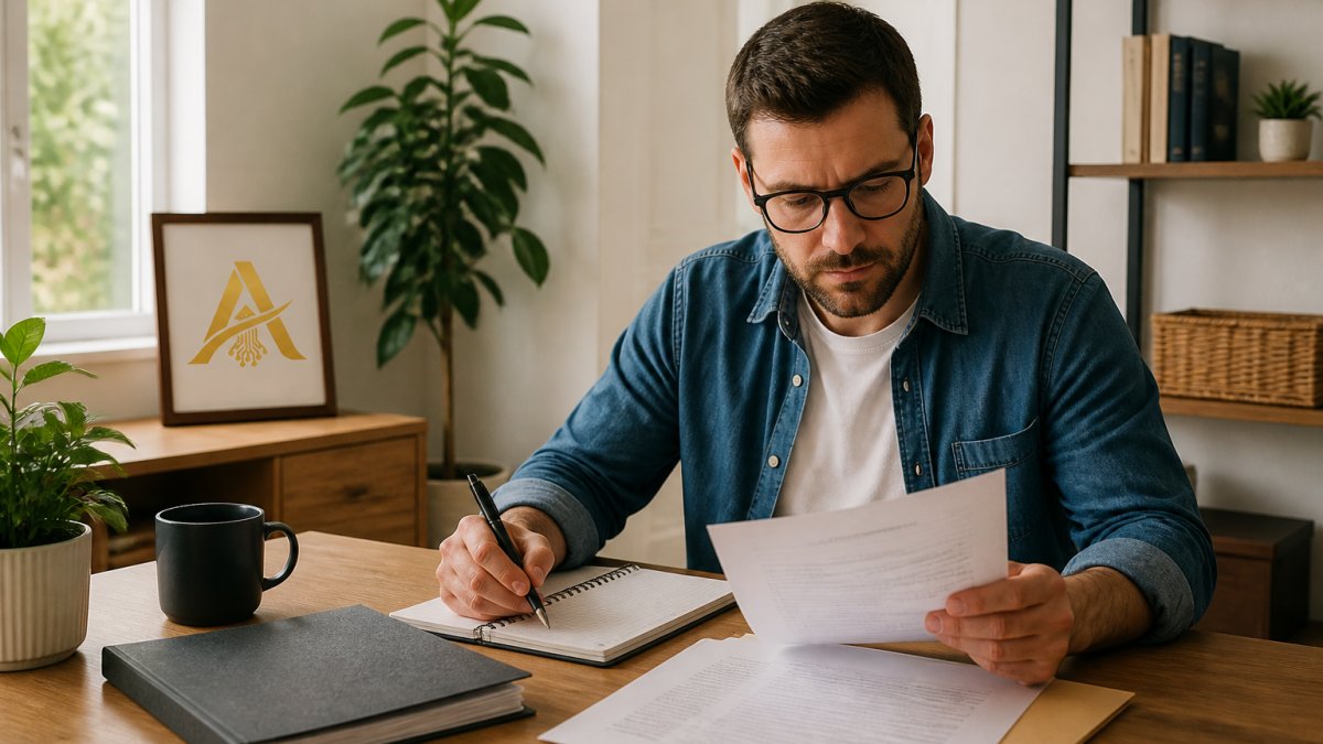 Business owner reviewing financial documents and notes at a desk, preparing questions for a tax professional consultation in a bright home office