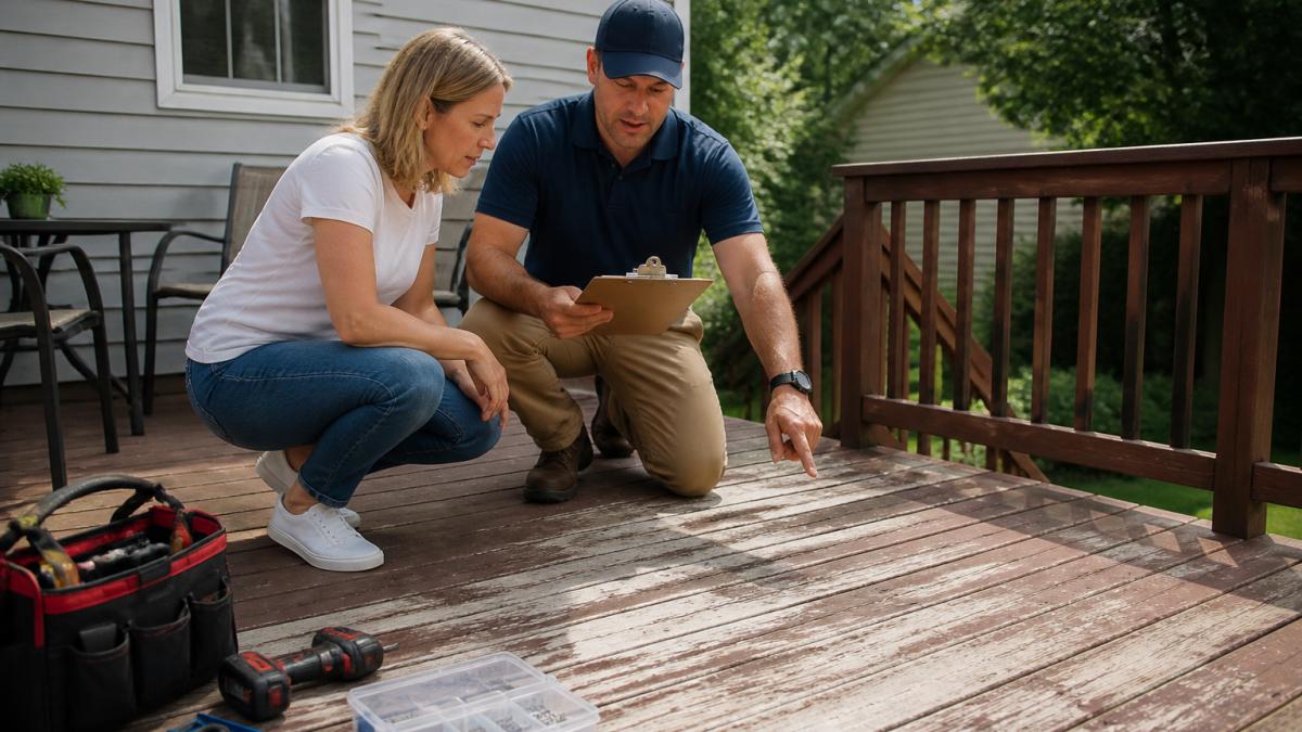A homeowner and a uniformed deck contractor reviewing a clipboard and pointing at weathered deck boards on a suburban backyard deck