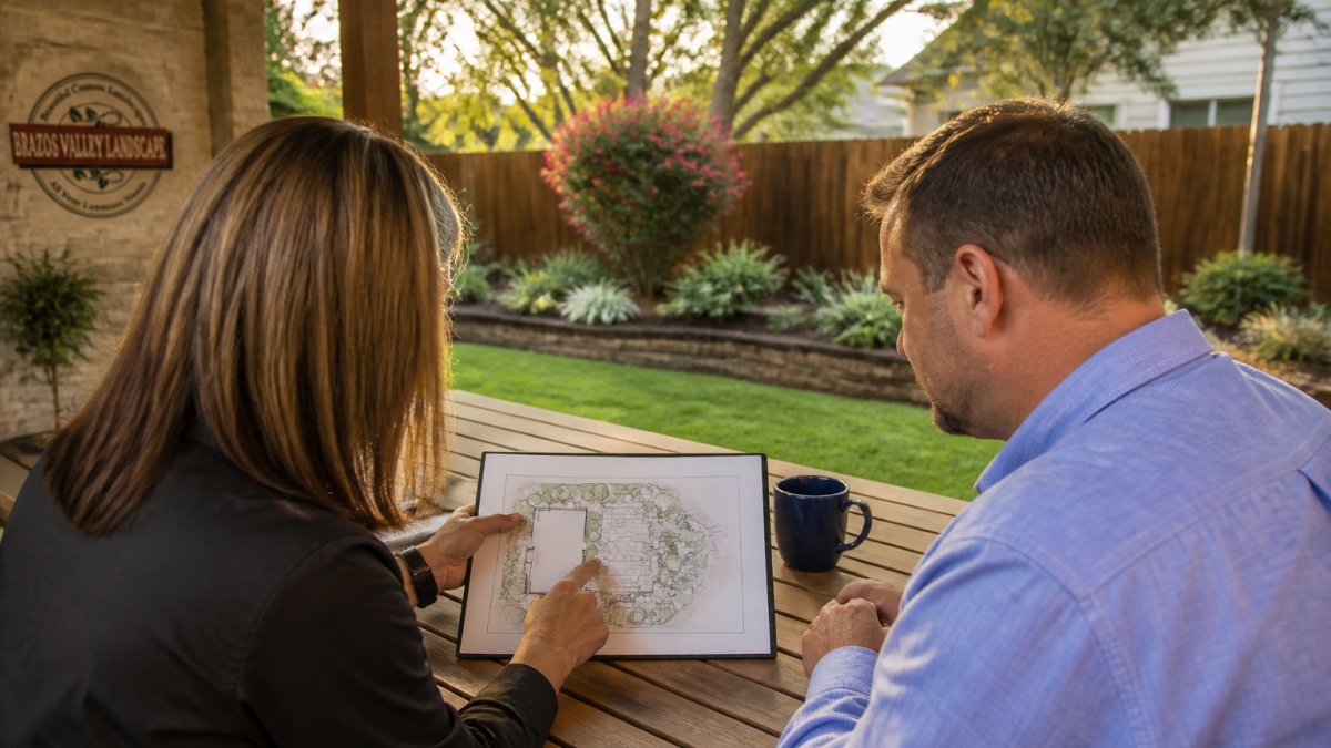 A landscape designer and homeowner reviewing a detailed site plan on a tablet at a wooden patio table, residential backyard with planting beds visible behind them, late afternoon light