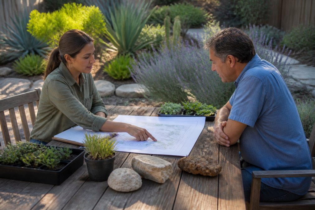 Infographic showing the landscape designer consultation process with site plans and native Texas plant samples.