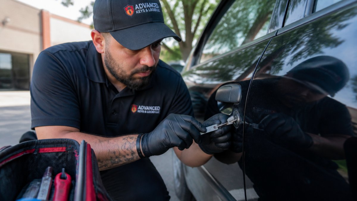 A professional locksmith in uniform showing a business owner his license and insurance certificate in a commercial lobby, with a tool bag visible