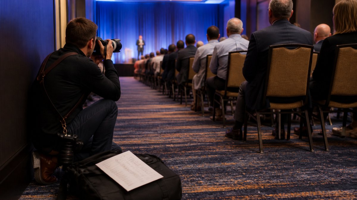 A photographer crouched at the side aisle of a conference hall, photographing a speaker on stage while seated attendees watch, with a printed shot list and camera bag resting nearby