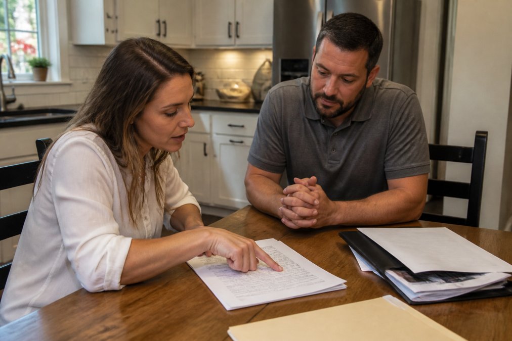 A homeowner sitting at a kitchen table reviewing a contract with a public adjuster, pointing at a clause, with a folder of insurance documents nearby
