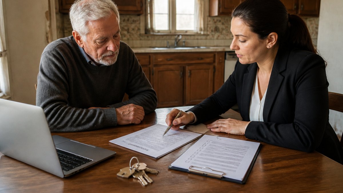 Checklist for an executor and agent reviewing probate property paperwork and keys at a kitchen table.