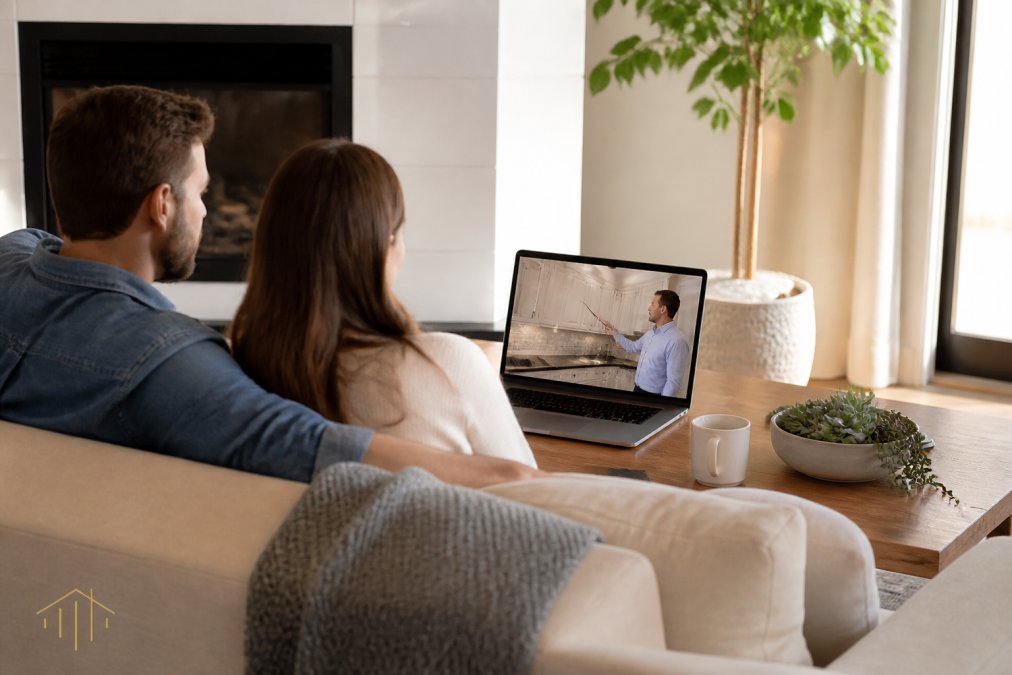 A couple sitting on their couch watching a live virtual home tour on a laptop, with a realtor on screen using a laser pointer to highlight kitchen cabinetry details