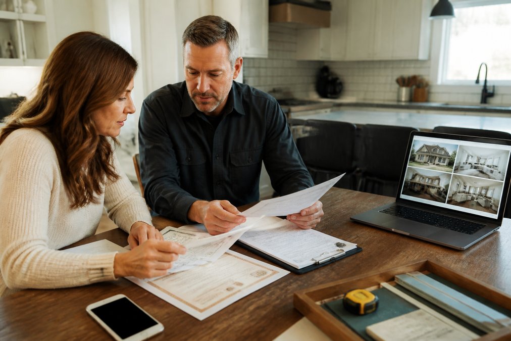 A homeowner and a contractor reviewing documents and certificates at a kitchen table, with a laptop open showing a project portfolio and a phone nearby for reference calls