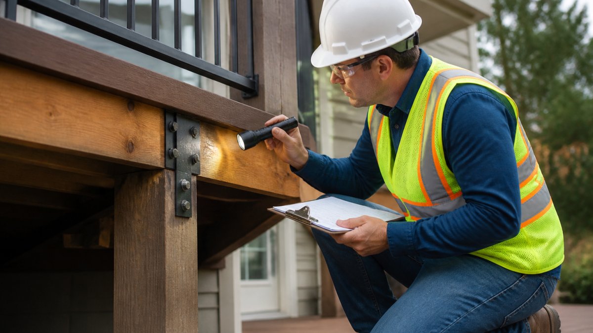 Structural engineer inspecting a deck ledger board connection while hiring a structural engineer for deck safety.