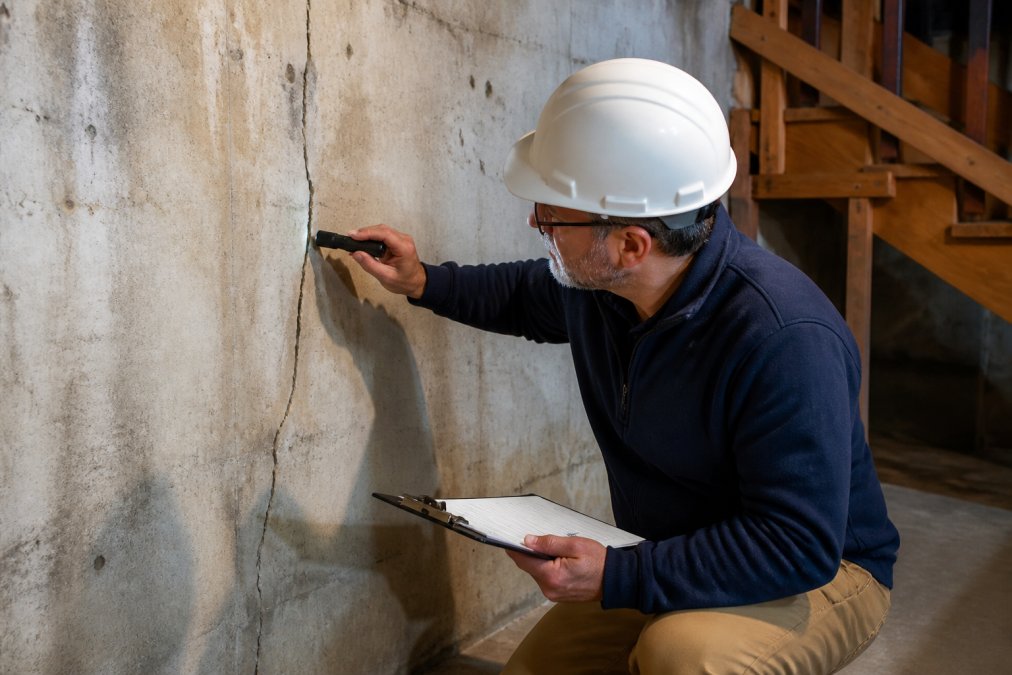 Professional structural engineer using measuring tools and examining cracks in a basement foundation wall, with a clipboard and inspection notes visible