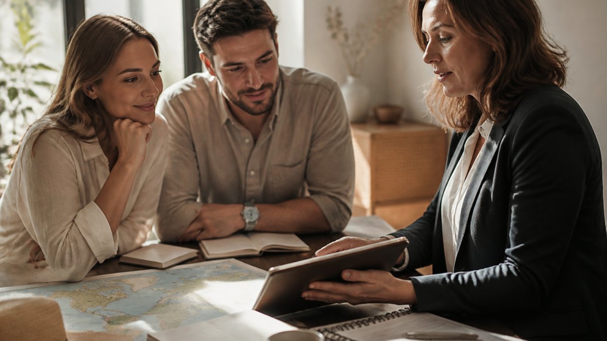 A travel advisor and a couple reviewing a printed itinerary on a tablet at a sunlit desk, with a world map and open notebooks nearby