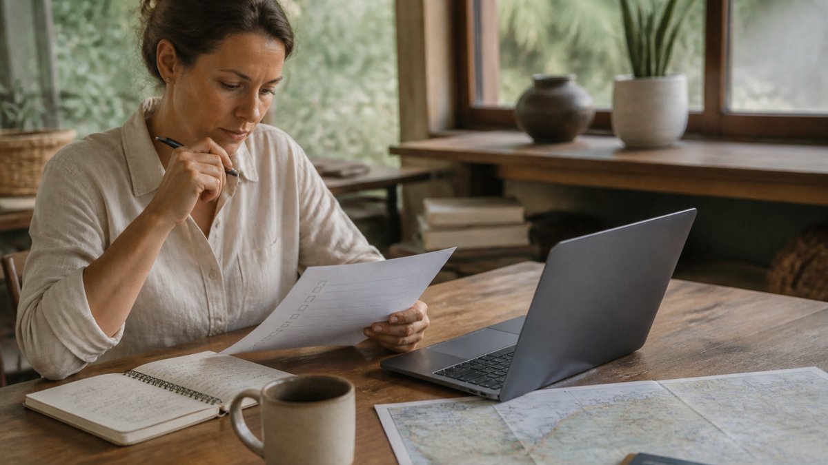 A retreat organizer at a wooden desk reviewing a printed checklist and laptop, with a notebook, coffee mug, and a map spread out beside them in warm natural light