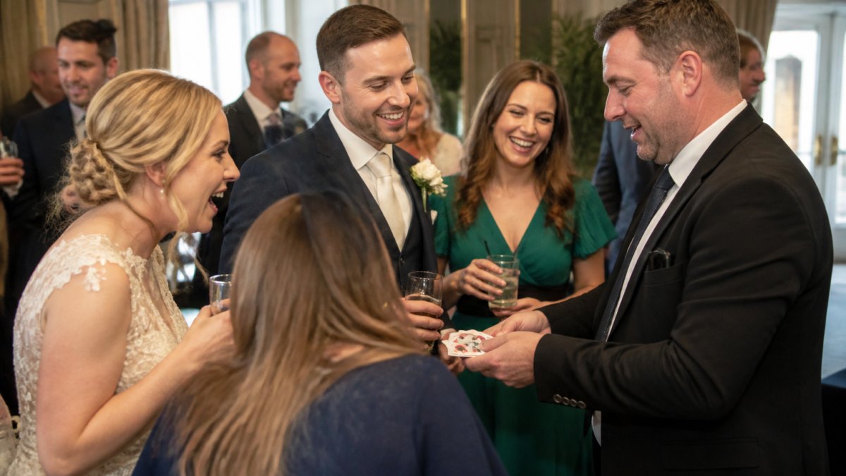 A professional wedding magician in a smart suit performing close-up card magic for a small group of smiling wedding guests at a drinks reception in an elegant hotel function room, natural light, candid documentary style