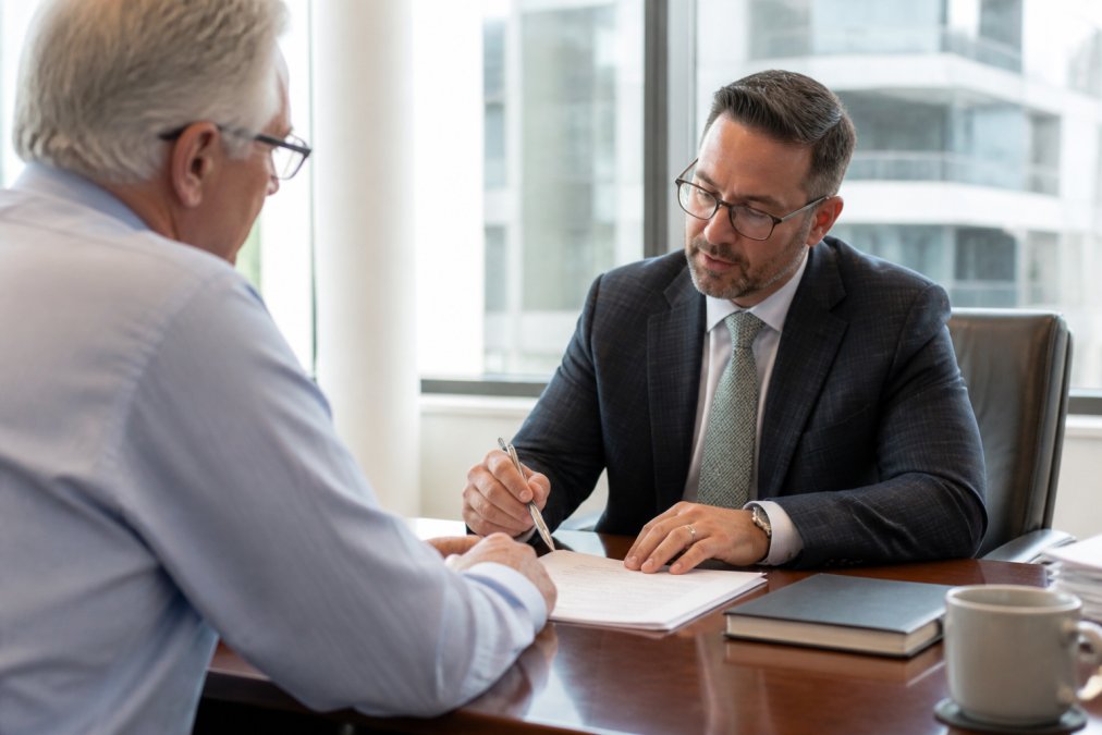 A financial advisor in a tailored suit reviewing transition documents with a client across a polished desk, natural window light, conveying trust and steady planning