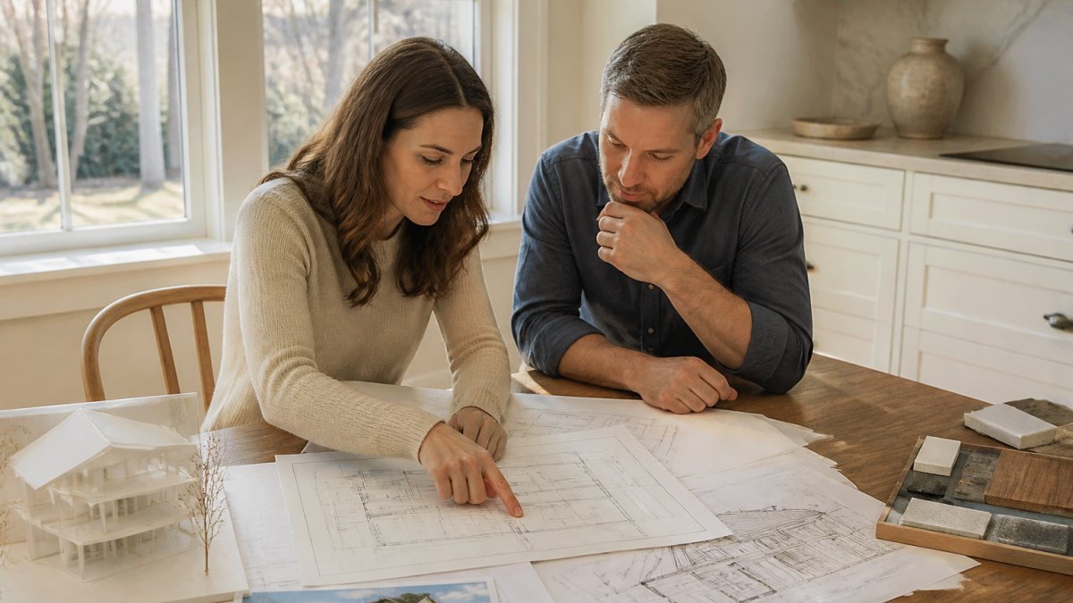 Homeowner and architect reviewing detailed floor plans and design sketches together at a wooden table, with natural light from a window illuminating the documents and architectural models
